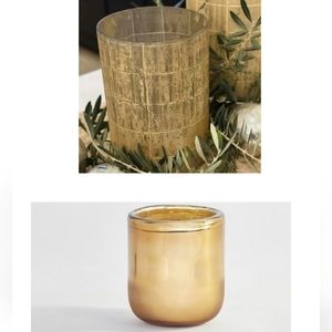 2 New Pottery Barn gold votive candle holders Linen textured & Brie copp…